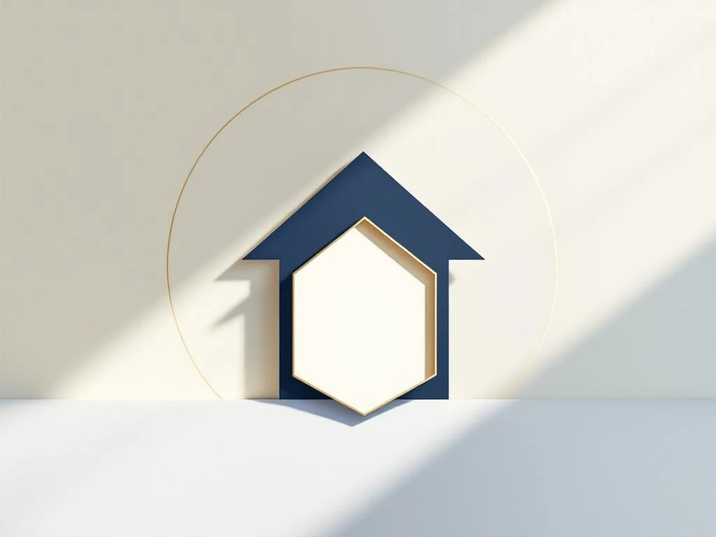 Modern huis silhouet in marineblauw met gouden beschermingsschild, geometrische vormen voor woningbeveiliging