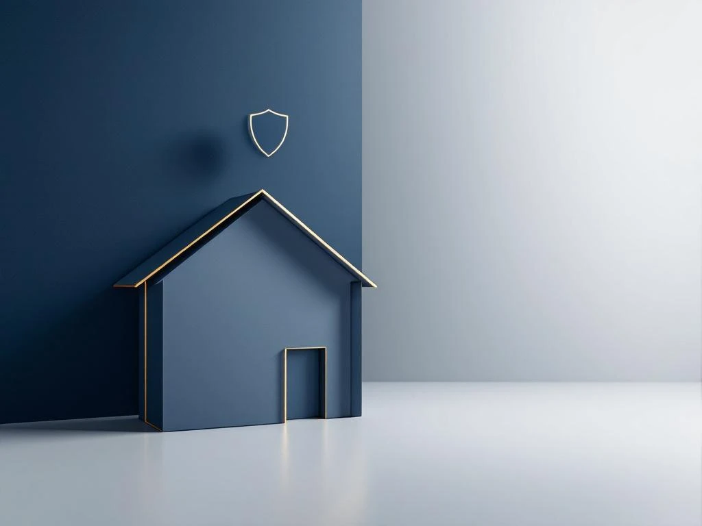Minimalistisch huissilhouet met beschermend schildicoon in blauw en goud, symboliseert woningverzekering en veiligheid