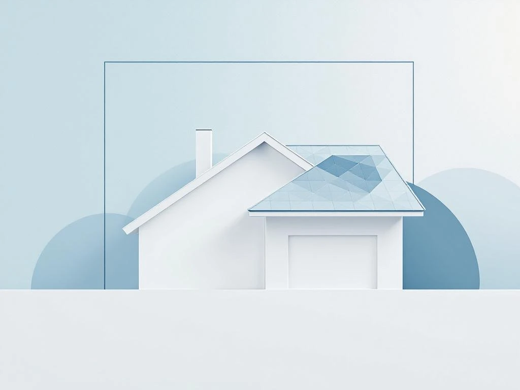 Modern huis silhouet met geometrische dakpatronen tegen blauwe gradiënt achtergrond, dakbedekking concept