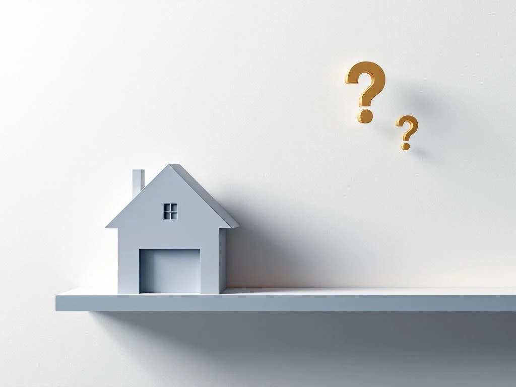 Moderne huissilhouet in blauwgrijs met gouden vraagtekens en financiële grafiek op witte achtergrond