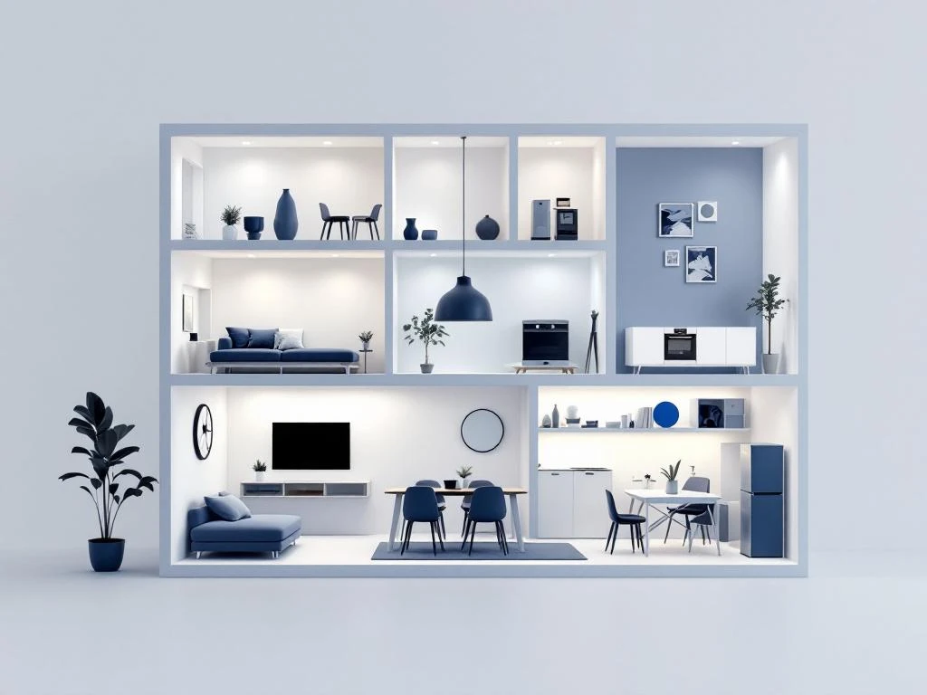 Moderne woning dwarsdoorsnede met minimalistische meubels en huishoudelijke apparaten in blauw-grijze tinten
