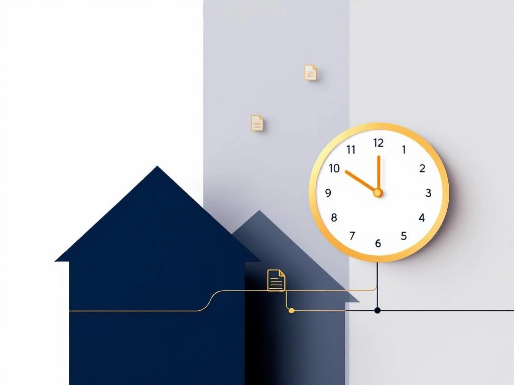 Modern marineblauw huis met gouden klok en documentpictogrammen die een procesflow illustreren op witte achtergrond