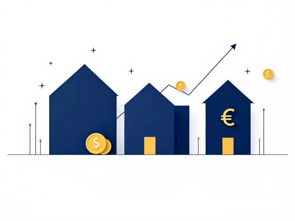 Geometrische huizen in marineblauw met gouden euro-munten en opwaartse pijl voor vastgoedfinanciering