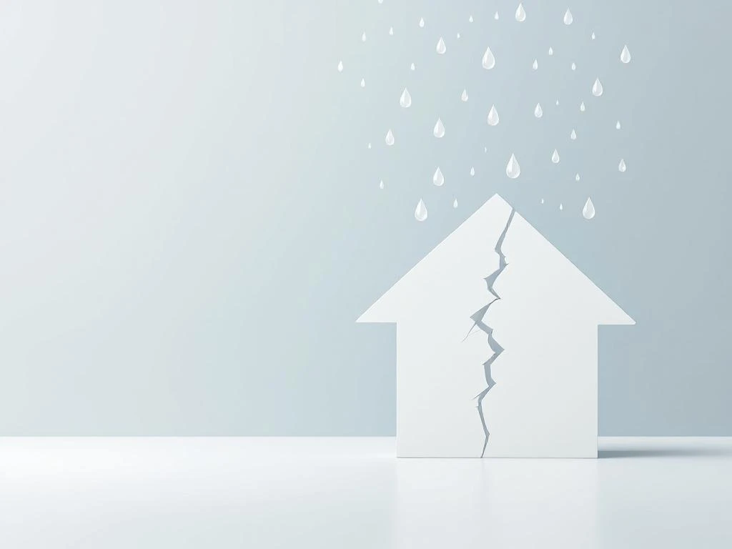 Wit huis silhouet met diagonale barst waar regendruppels doorheen vallen tegen grijsblauwe achtergrond