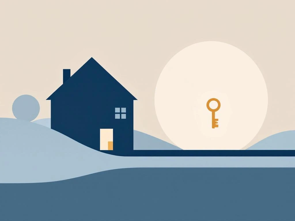 Moderne huissilhouet in blauwgrijze tinten met zwevend sleutelpictogram, verbonden door stippellijnen op crème-blauwe achtergrond