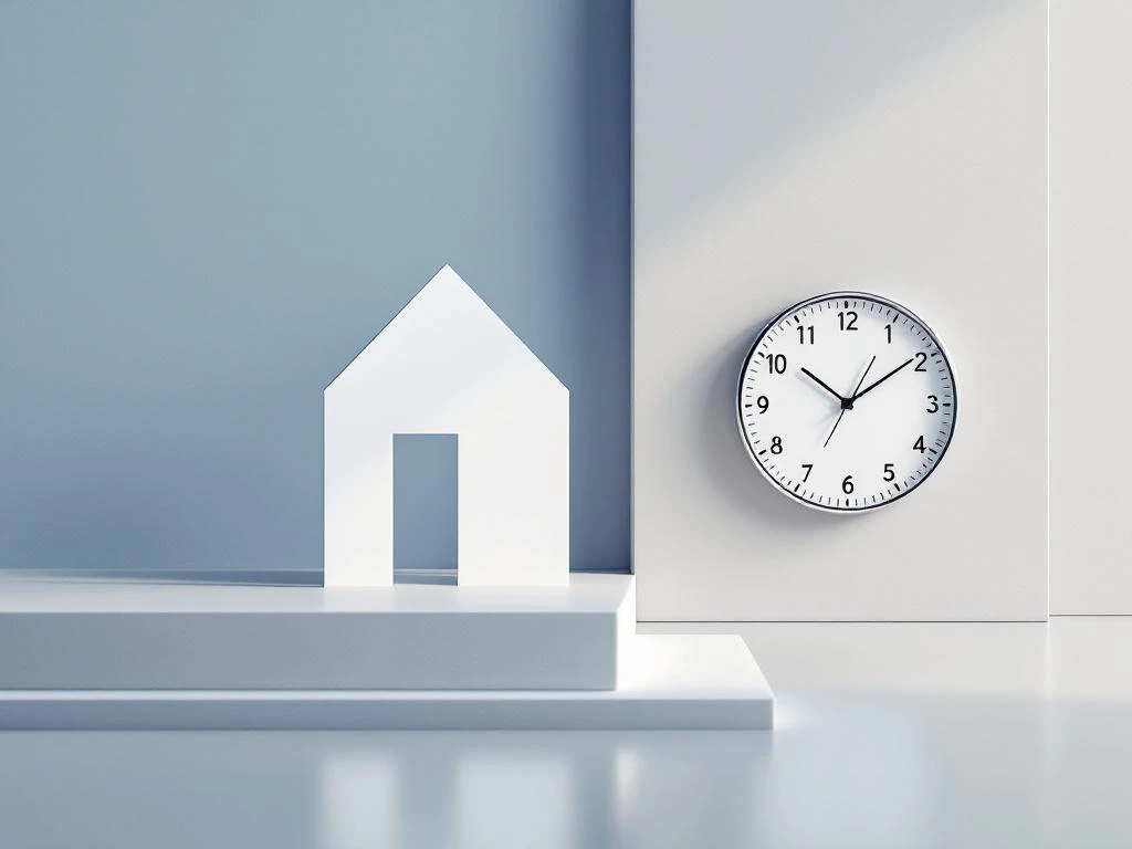 Wit modern huismodel en analoge klok verbonden door geometrische lijnen op blauwe gradiënt achtergrond