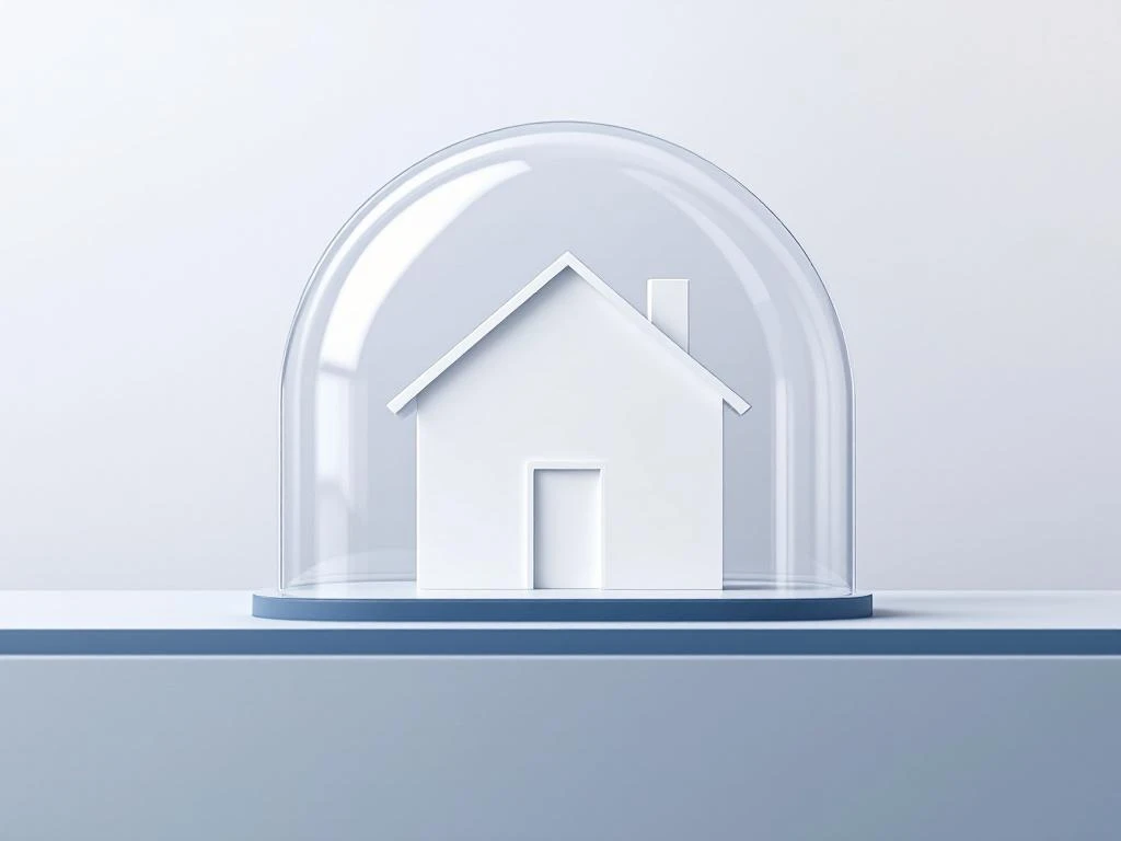 Wit huis silhouet met transparante beschermingskoepel tegen blauwe achtergrond, symboliseert verzekeringsdekking