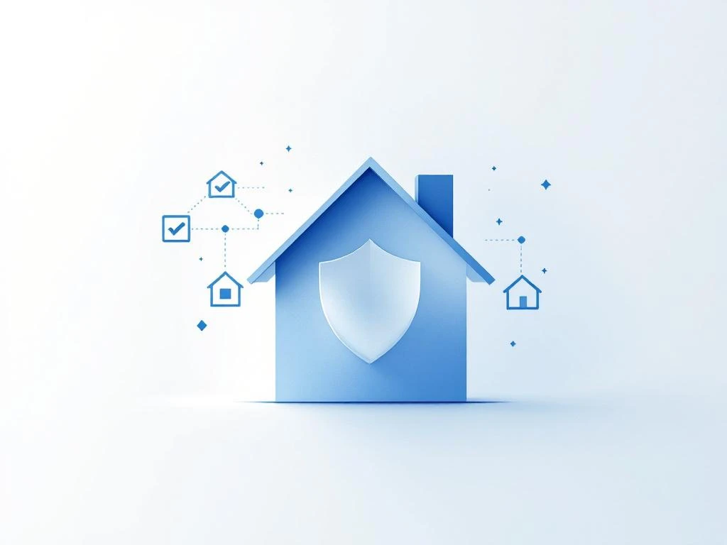 Modern huis met beschermende schild en verzekeringspictogrammen in blauwe en witte tinten op minimalistische achtergrond