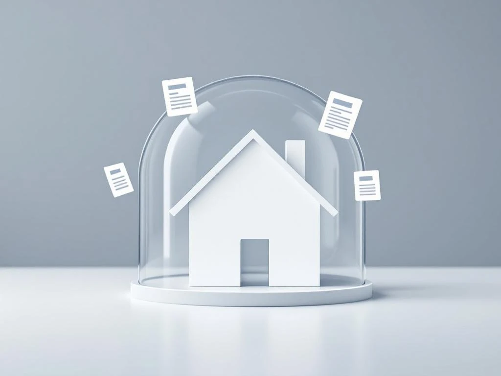 Wit huis silhouet met transparante beschermingskoepel en zwevende verzekeringsdocumenten op blauwe achtergrond