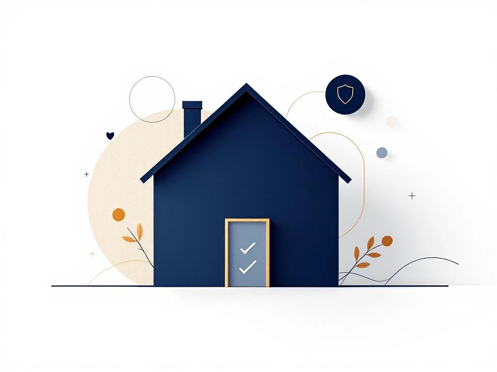 Modern huis silhouet met beschermingssymbolen en checklist elementen in navy, grijs en goud voor financieel advies