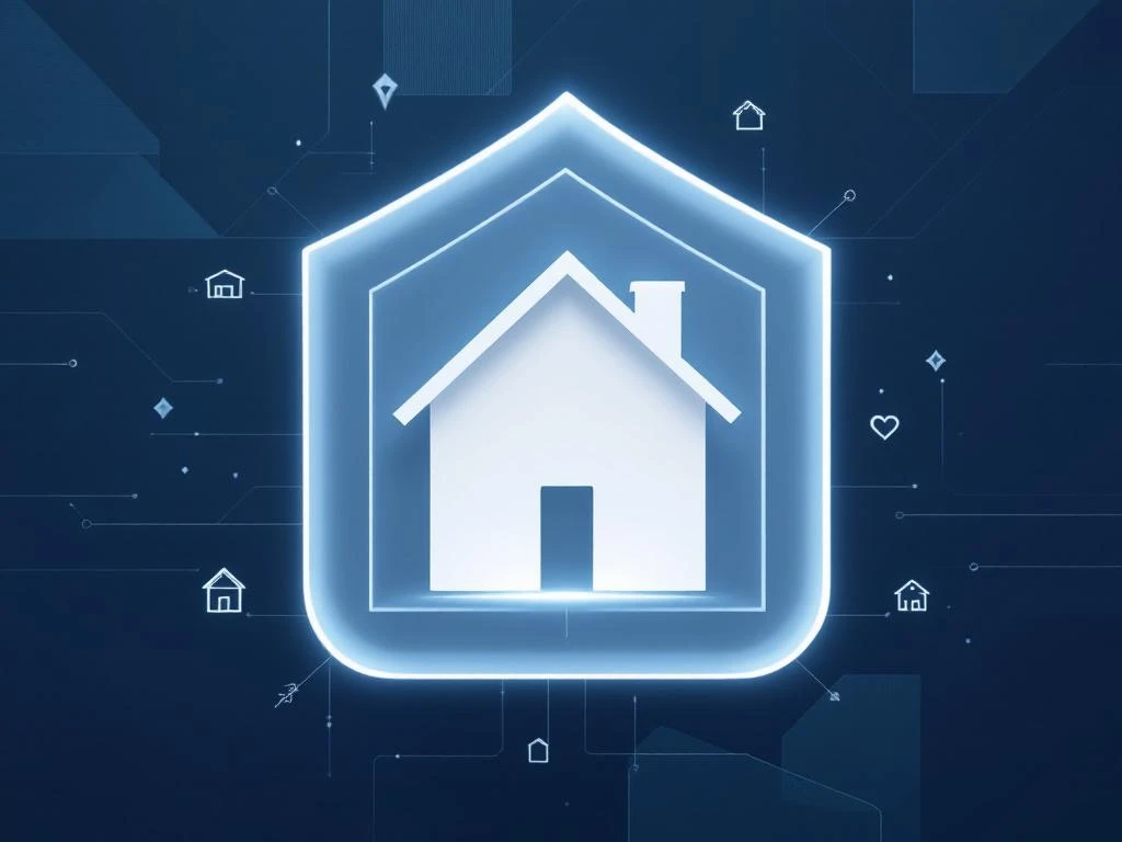Wit huis silhouet omringd door blauwe beschermende schilden met geometrische lijnen voor verzekeringsbeveiliging