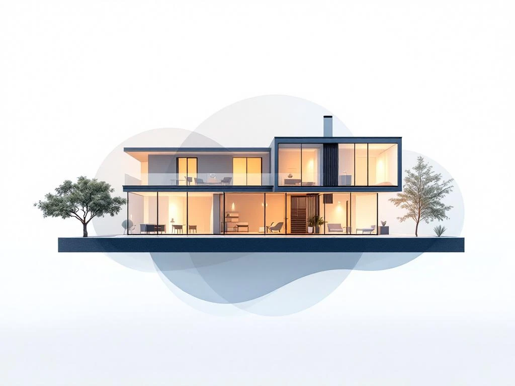 Moderne huisdoorsnede met beschermende schildelementen en verzekeringssymbolen in minimalistische blauwe en gouden tinten
