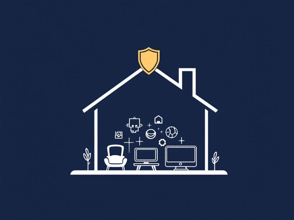 Modern marineblauw huis silhouet met geometrische iconen van waardevolle spullen, beschermd door gouden schild symbool