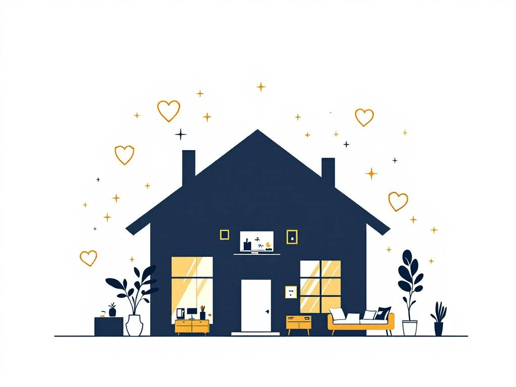 Moderne huissilhouet in marineblauw met gouden verzekeringsschilden en huishoudelijke items, professioneel ontwerp