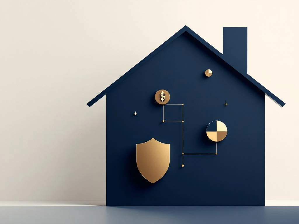 Modern marineblauw huis met gouden beschermingssymbolen en schilden, minimalistisch ontwerp voor financiële zekerheid