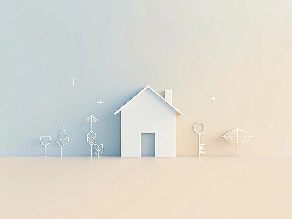 Wit modern huis met verzekeringssymbolen schild, paraplu en sleutel op blauwe naar beige achtergrond