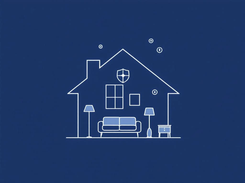 Minimalistisch huissilhouet in blauwgrijze tinten met geometrische meubels en beschermingssymbolen voor verzekering