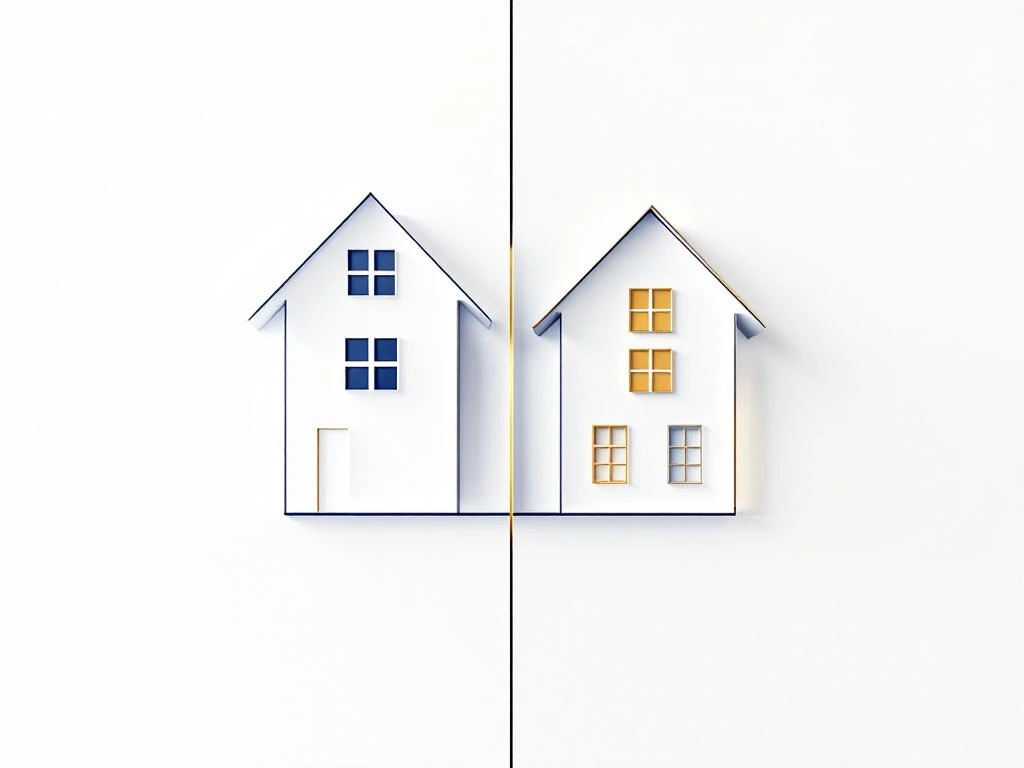 Twee minimalistische huissilhouetten naast elkaar, links met geometrisch patroon, rechts met architectuurlijnen in marineblauw en goud
