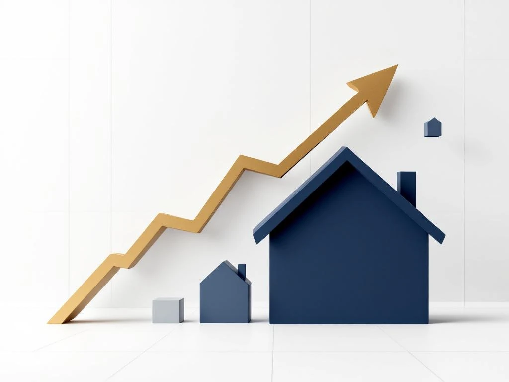 Modern marineblauw huis met gouden pijl omhoog naar financiële groei symbolen op witte achtergrond