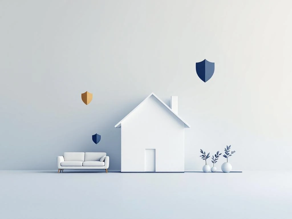 Wit huis silhouet omringd door gouden en blauwe schildvormen die verzekeringsdekking symboliseren op gradiënt achtergrond