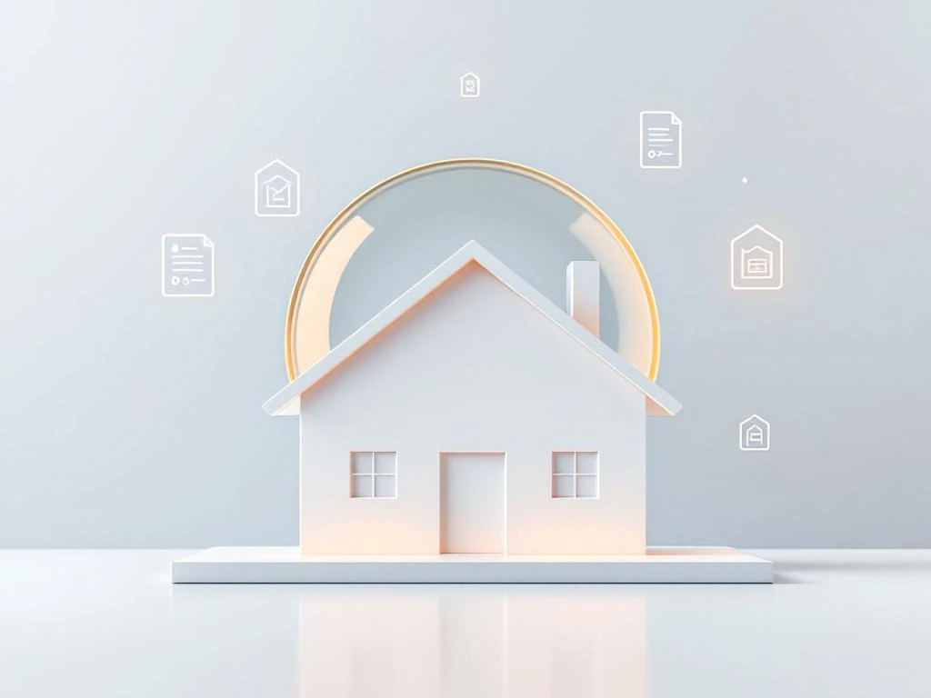 Modern wit huis met gouden beschermingskoepel en zwevende verzekeringsdocument iconen op blauwe achtergrond