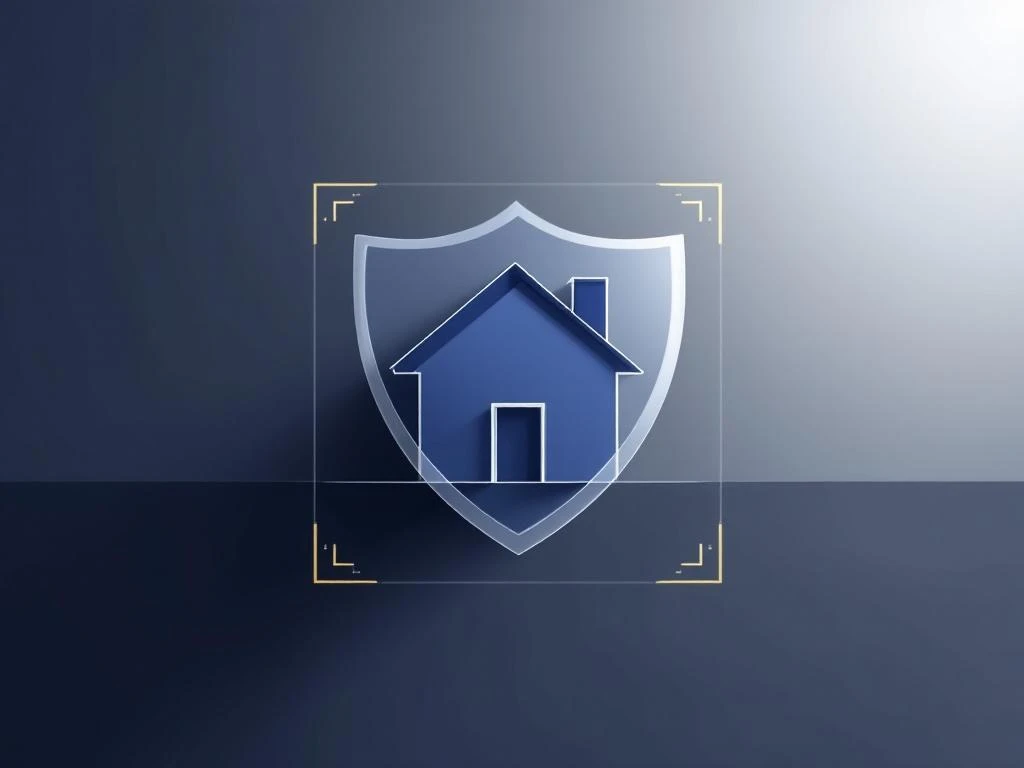 Modern huis silhouet met transparant schild icoon voor verzekeringsdekking op blauwe gradiënt achtergrond met gouden accenten