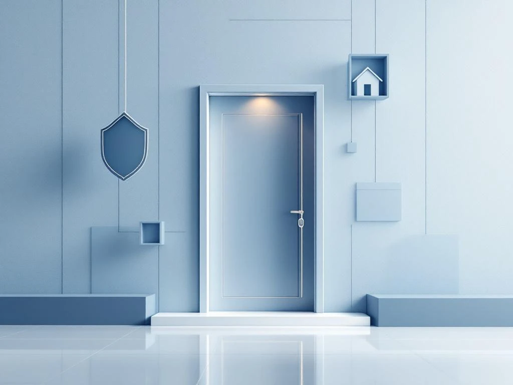 Moderne semi-transparante deur met geometrische vormen en schild iconen in blauw-grijze tinten voor woningverzekering