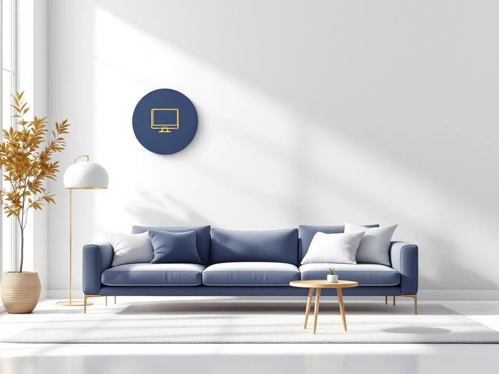 Moderne woonkamer met zwevende pictogrammen van verzekerde huisraad in marineblauw en goud, symboliseert dekking