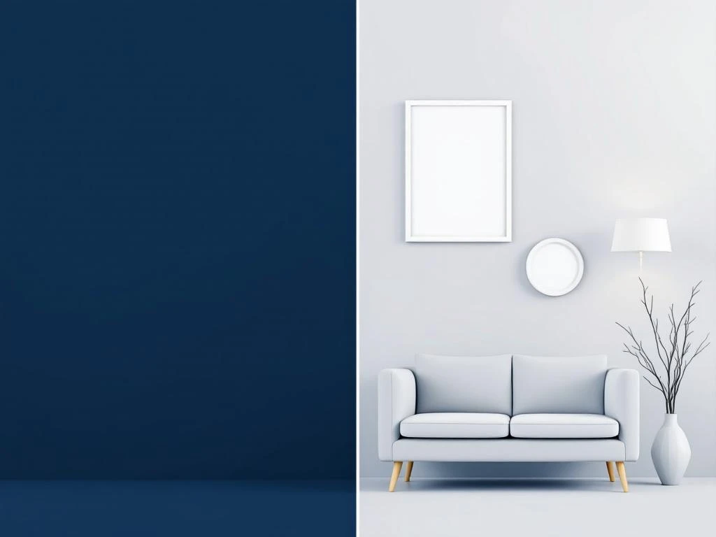Gesplitste illustratie van huisverzekeringen: marineblauw huis links, witte huisraad rechts op grijze achtergrond