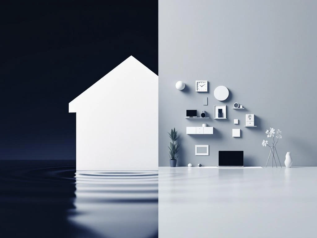 Wit huis silhouet met waterdruppel naast geometrisch gerangschikte huishoudelijke items op navy-grijze achtergrond
