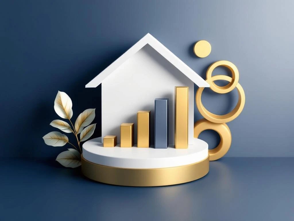 Minimalistische 3D compositie met geometrische vormen die hypotheekcomponenten voorstellen in marineblauw en goud