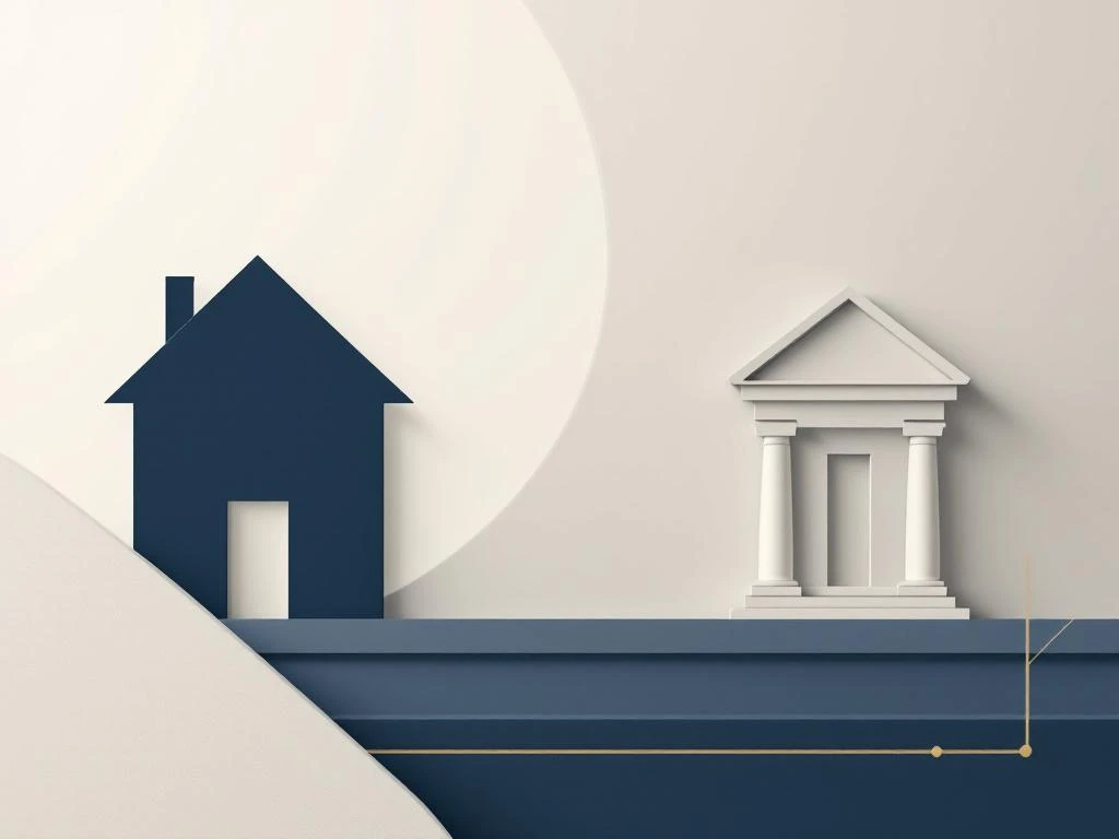 Moderne marineblauw huis en gouden bankgebouw verbonden door stippellijnen op crème achtergrond voor hypotheekadvies