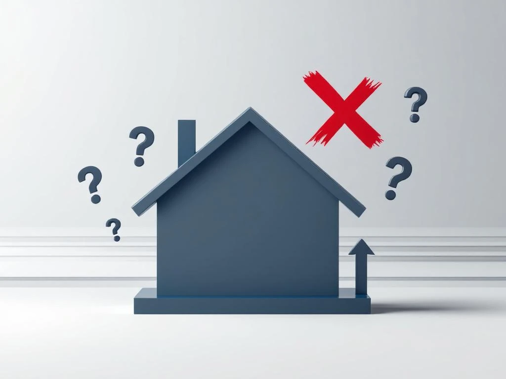 Huis silhouet met rode X voor hypotheekafwijzing, vraagtekens en pijl omhoog suggereren oplossingen en hoop