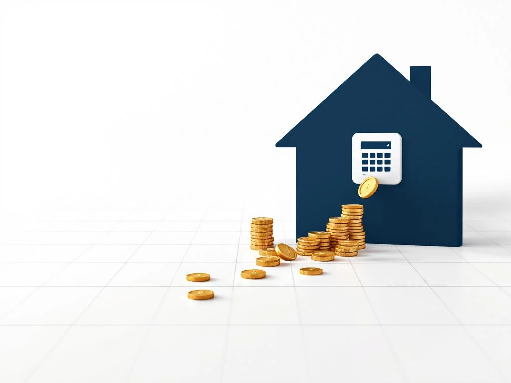 Moderne huissilhouet met gouden munten die naar rekenmachine stromen, symboliseert hypotheekbesparing en financiële optimalisatie