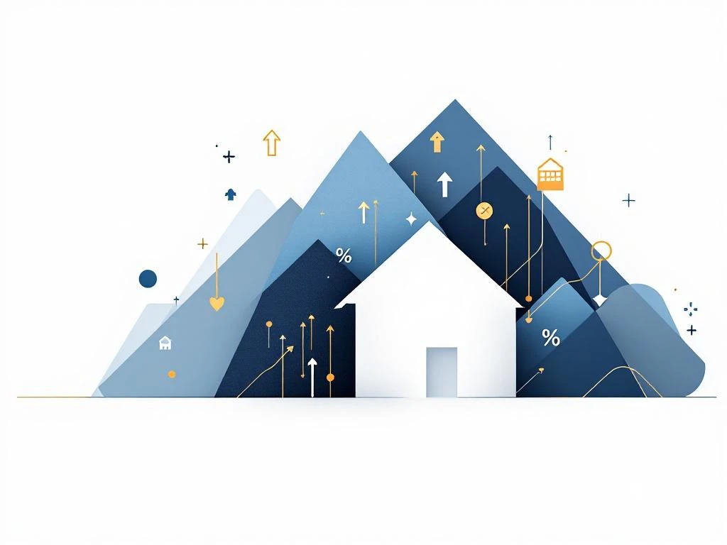 Geometrische huissilhouetten met rekenmachine-elementen en stijgende pijlen in blauw-witte tinten voor hypotheekadvies