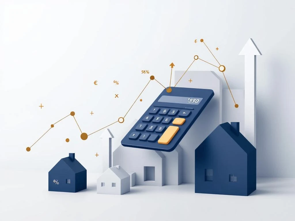 Moderne calculator boven geometrische huissilhouetten met financiële symbolen en opwaartse pijl in blauw-grijze tinten