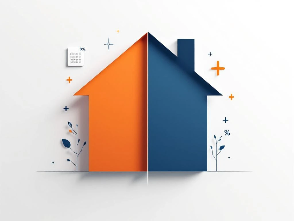 Modern huis silhouet in blauw en oranje met calculator symbolen, minimalistische hypotheek concept illustratie