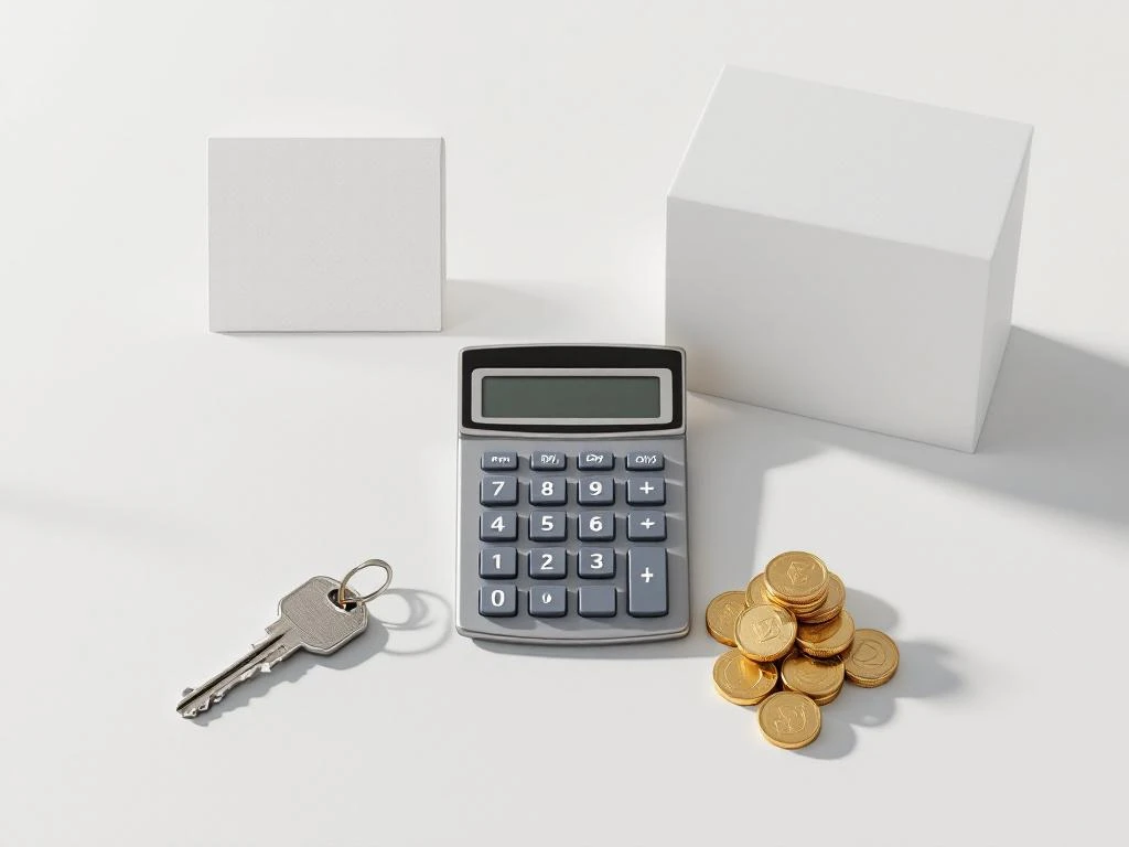 Rekenmachine en huissleutel op wit oppervlak met gouden munten voor hypotheekberekening en financieel advies