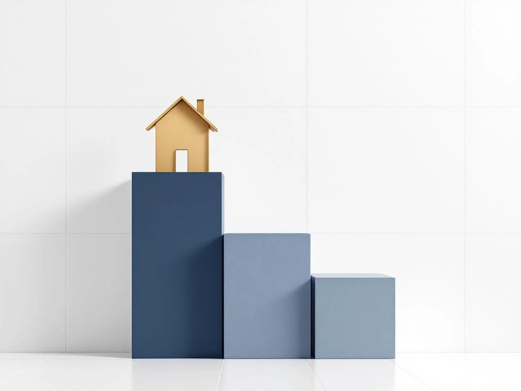 Drie oplopende blauwe blokken met gouden huissymbolen, calculator en percentageteken voor hypotheekadvies