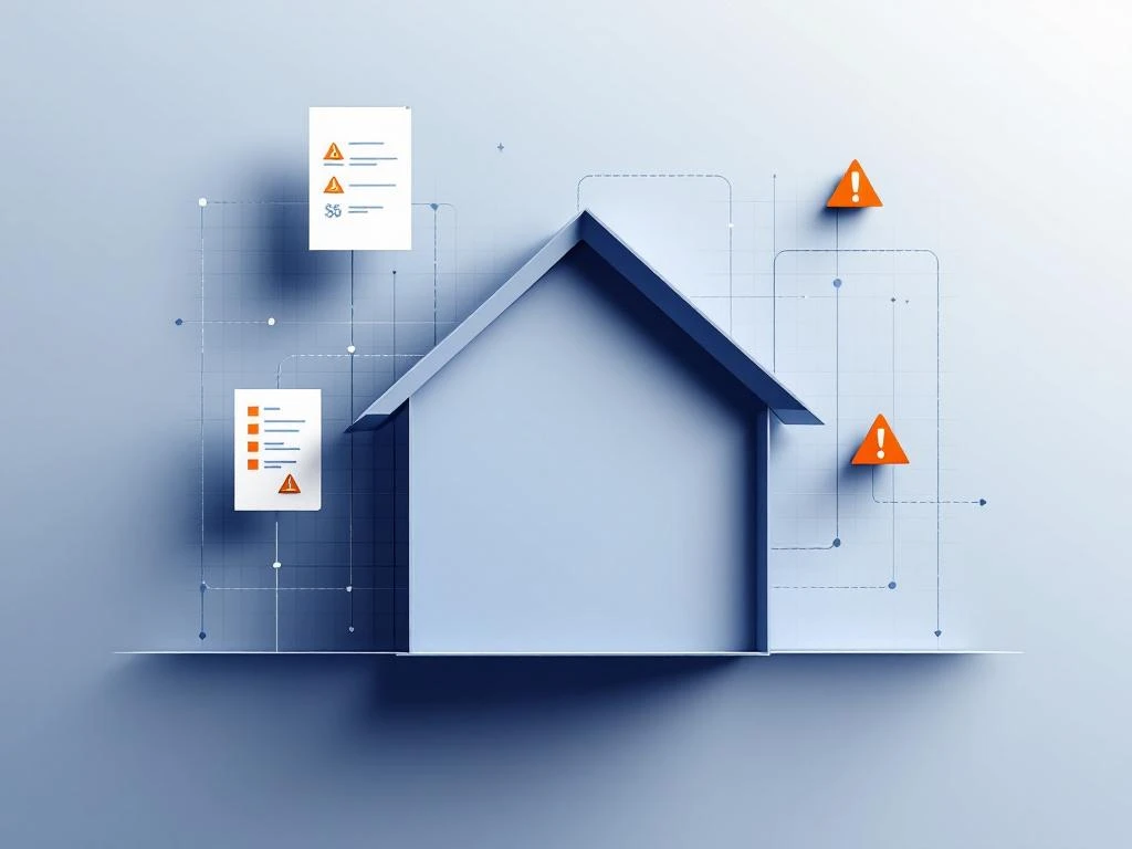 Modern huis silhouet omringd door geometrische hypotheekdocumenten en waarschuwingsiconen in navy en oranje kleuren