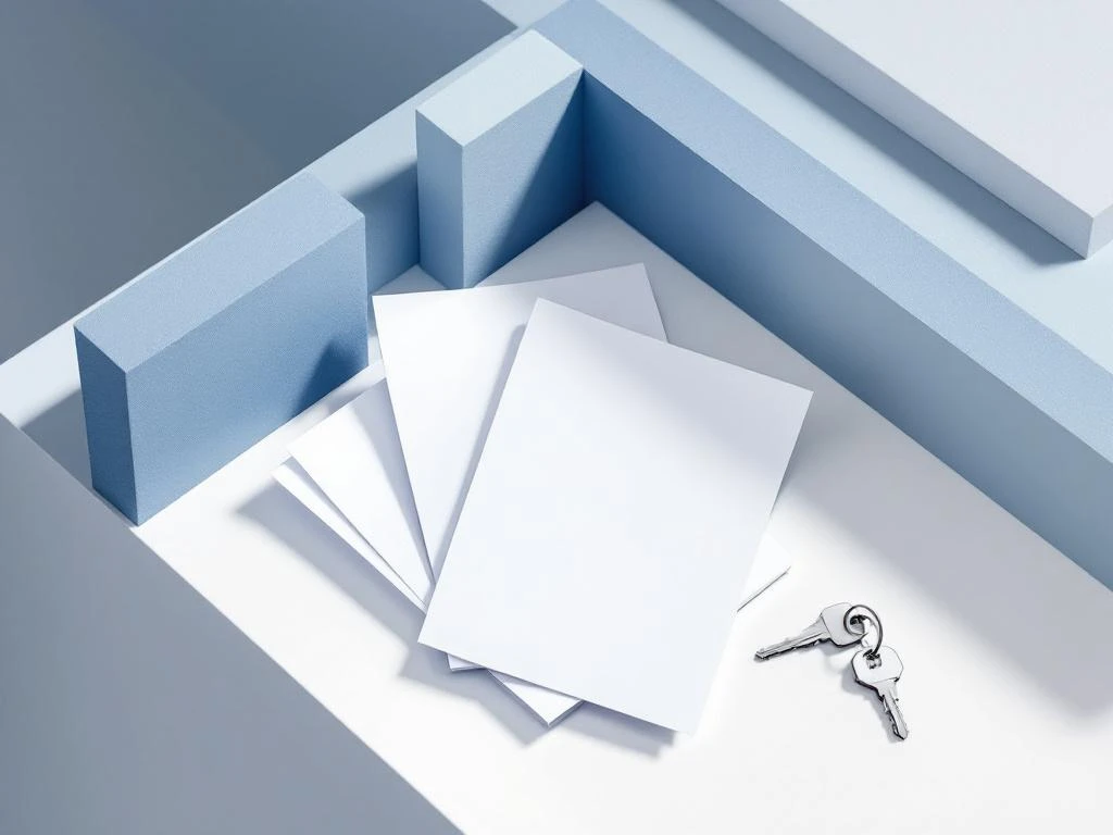 Stapel hypotheekdocumenten met huissleutel op witte ondergrond, minimalistische compositie in blauw en grijs