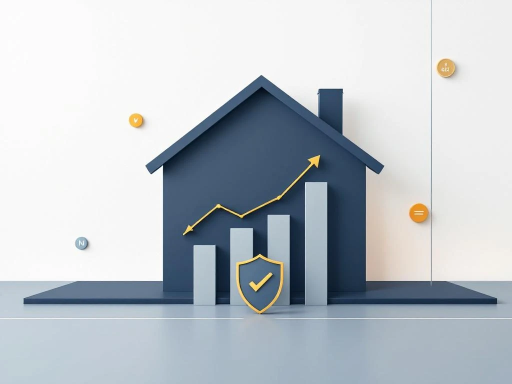 Modern huis silhouet met dalende staafdiagrammen die lagere maandlasten tonen, beschermingsschild en rekenmachine iconen