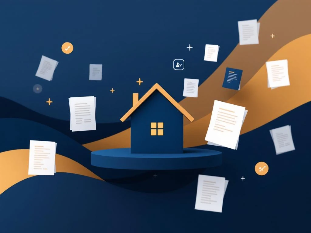 Huis silhouet omringd door geometrische documenten op marineblauw naar goud verloop, hypotheek herfinanciering concept