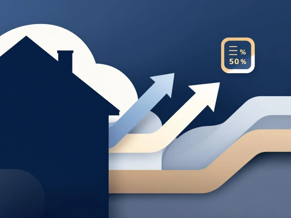 Modern huis silhouet met pijlen die hypotheekherfinanciering symboliseren, calculator icoon en percentage symbool