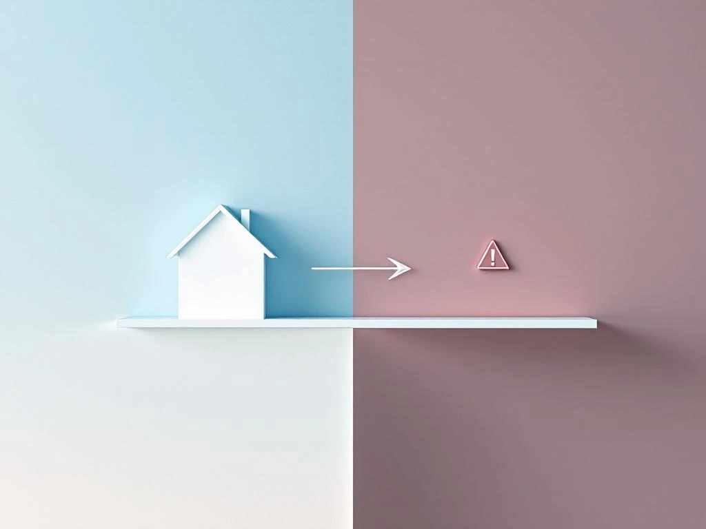 Wit huis silhouet verbonden met waarschuwingsdriehoek via geometrische pijl, symboliseert hypotheek herfinancieringsrisico's