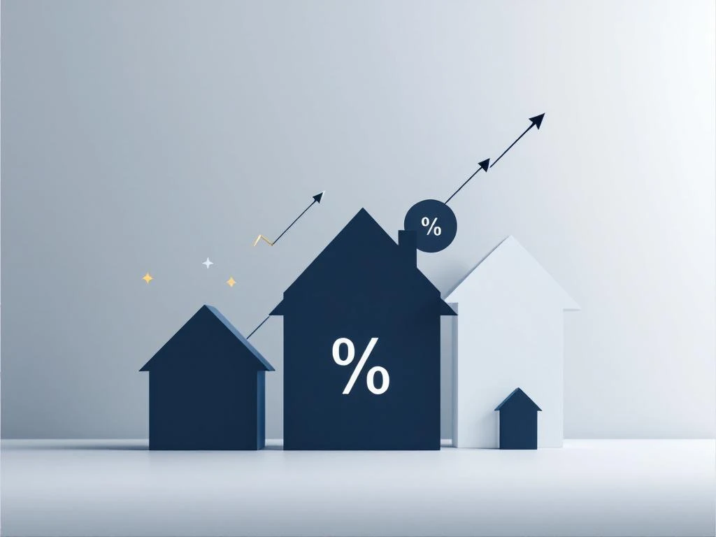 Drie geometrische huissilhouetten in oplopende hoogte met percentagesymbolen, navy blauw en goud, hypotheekopties concept