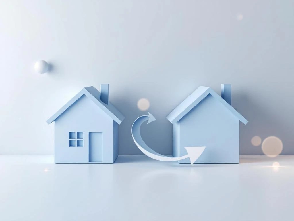 Twee minimalistische huissilhouetten verbonden door een gebogen pijl die hypotheekoverdracht symboliseert in blauwtinten