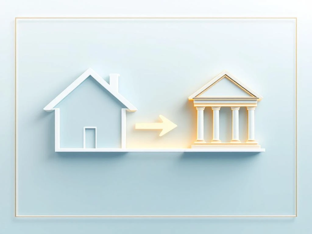 Modern huis verbonden met bank door gouden pijl, symboliseert hypotheekoverdrachtproces op blauwe achtergrond