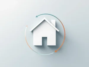 Wit huis silhouet met oranje en blauwe pijlen die hypotheekwisseling symboliseren op gradiënt achtergrond