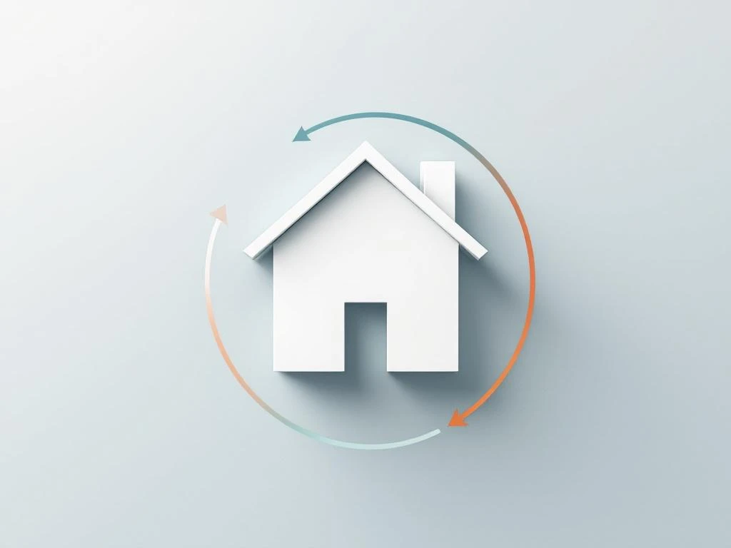 Wit huis silhouet met oranje en blauwe pijlen die hypotheekwisseling symboliseren op gradiënt achtergrond